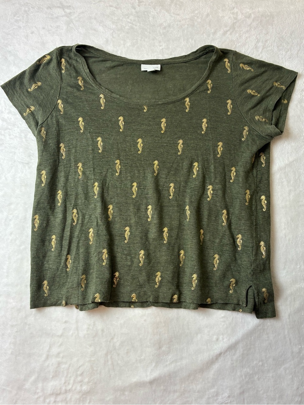 Women's Olive Green Seahorse Print Scoop Neck Top 100% Linen